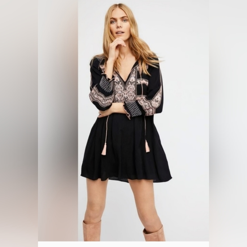 Free People Wind Willow Embroidered Mini Dress Black  Boho Oversize Fit